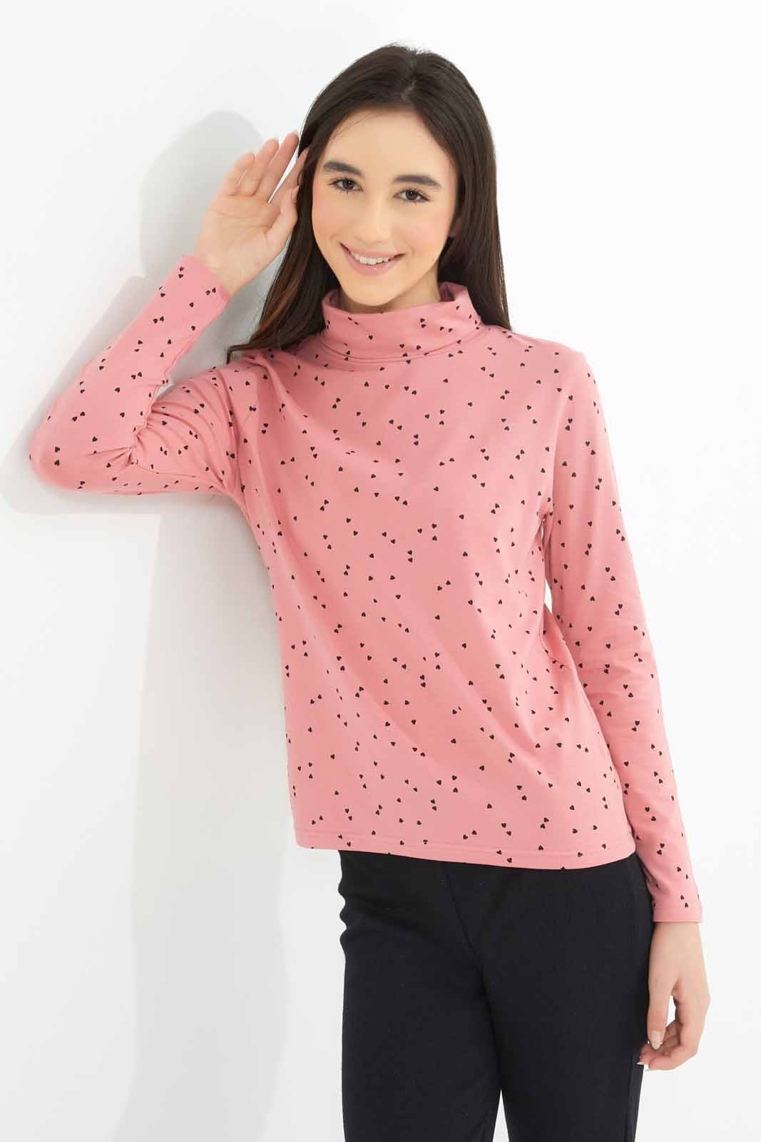 Redtag-Girls-Pink/Black-Polka-Dots-Turtle-Neck-Top-Category:T-Shirts,-Colour:Apricot,-Deals:New-In,-Dept:Girls,-Filter:Senior-Girls-(8-to-14-Yrs),-GSR-T-Shirts,-New-In-GSR-APL,-Non-Sale,-S23A,-Section:Girls-(0-to-14Yrs),-TBL-Senior-Girls-9 to 14 Years