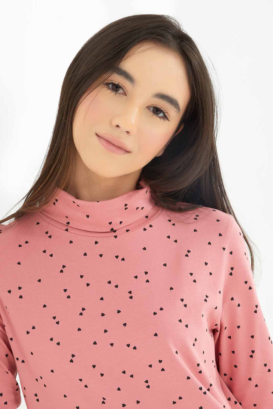 Redtag-Girls-Pink/Black-Polka-Dots-Turtle-Neck-Top-Category:T-Shirts,-Colour:Apricot,-Deals:New-In,-Dept:Girls,-Filter:Senior-Girls-(8-to-14-Yrs),-GSR-T-Shirts,-New-In-GSR-APL,-Non-Sale,-S23A,-Section:Girls-(0-to-14Yrs),-TBL-Senior-Girls-9 to 14 Years