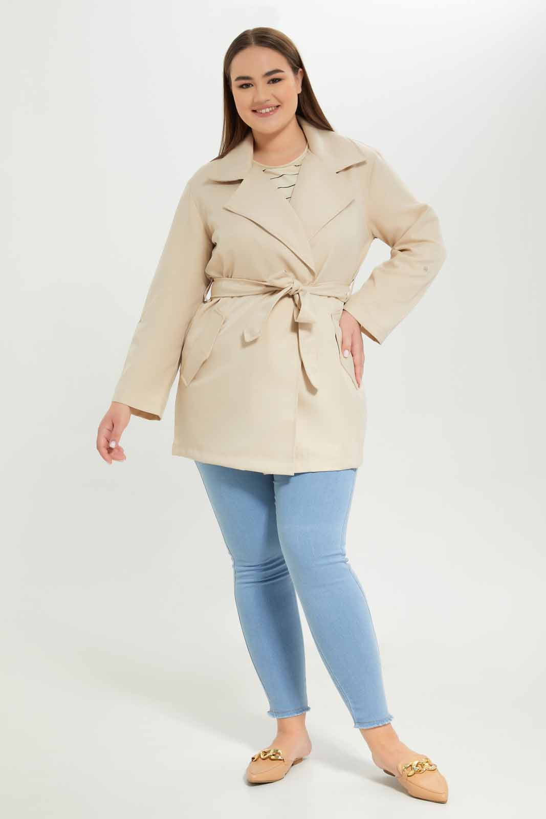 Redtag-Women-Ecru-Lapel-Collared-Belted-Jacket-Category:Jackets,-Colour:Beige,-Deals:New-In,-Dept:Ladieswear,-Filter:Plus-Size,-LDP-Jackets,-New-In-LDP-APL,-Non-Sale,-S23A,-Section:Women-Women's-