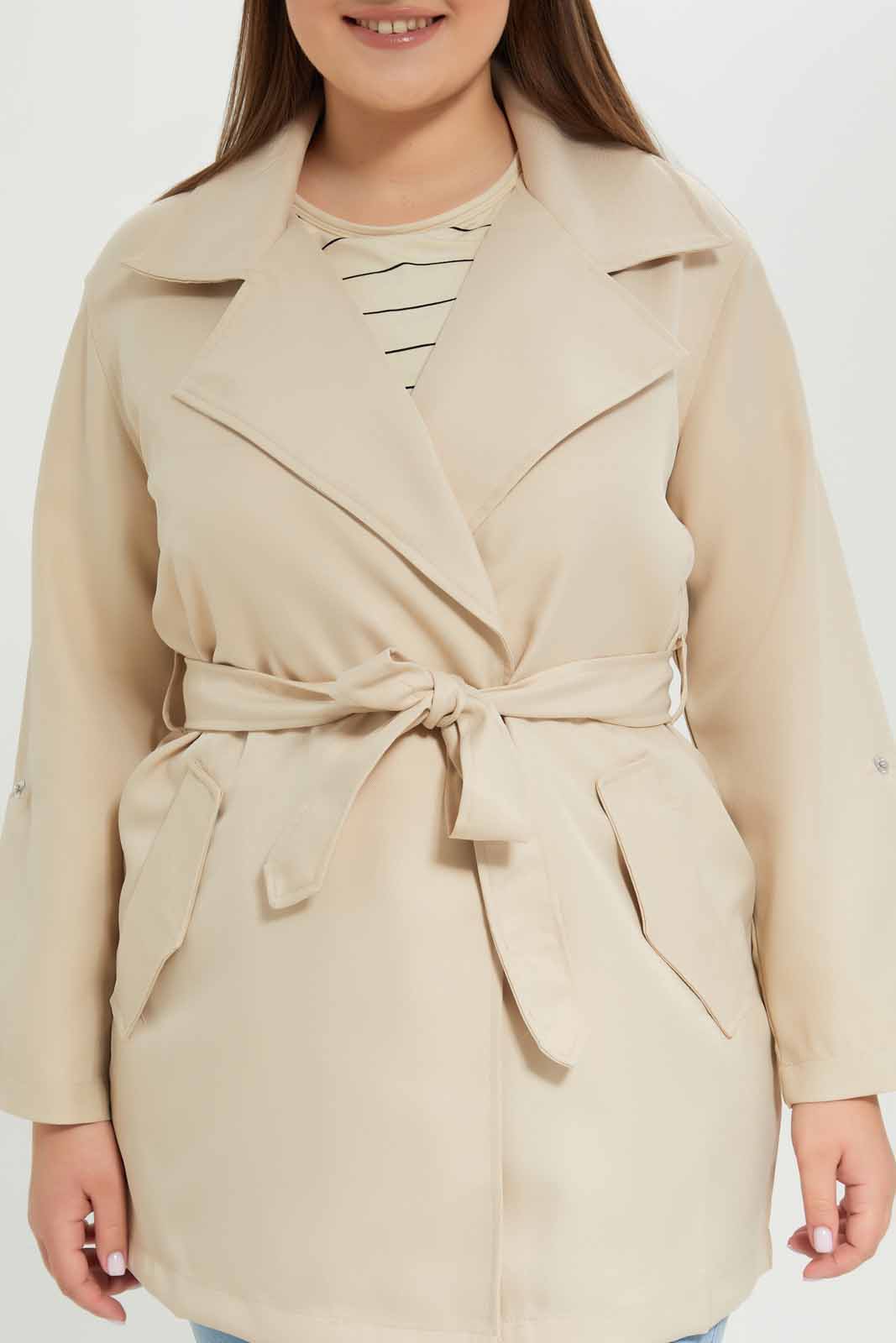 Redtag-Women-Ecru-Lapel-Collared-Belted-Jacket-Category:Jackets,-Colour:Beige,-Deals:New-In,-Dept:Ladieswear,-Filter:Plus-Size,-LDP-Jackets,-New-In-LDP-APL,-Non-Sale,-S23A,-Section:Women-Women's-