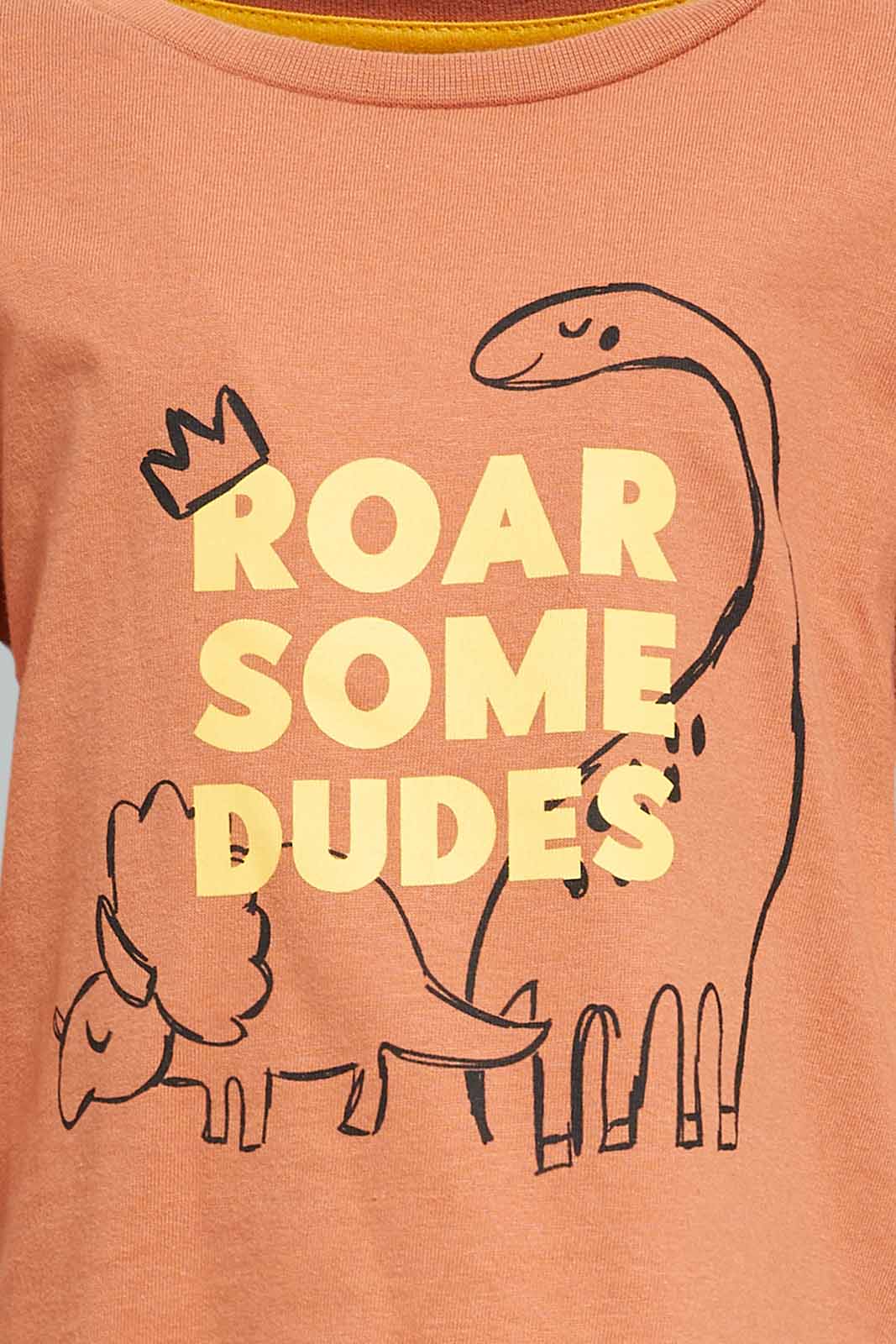Redtag-Boys-Rust-Dino-Roar-Some-Dude-Ls-T-Shirt-Category:T-Shirts,-Colour:Tan,-Deals:New-In,-Dept:Boys,-Filter:Infant-Boys-(3-to-24-Mths),-INB-T-Shirts,-New-In-INB-APL,-Non-Sale,-S23A,-Section:Boys-(0-to-14Yrs),-TBL-Infant-Boys-3 to 24 Months