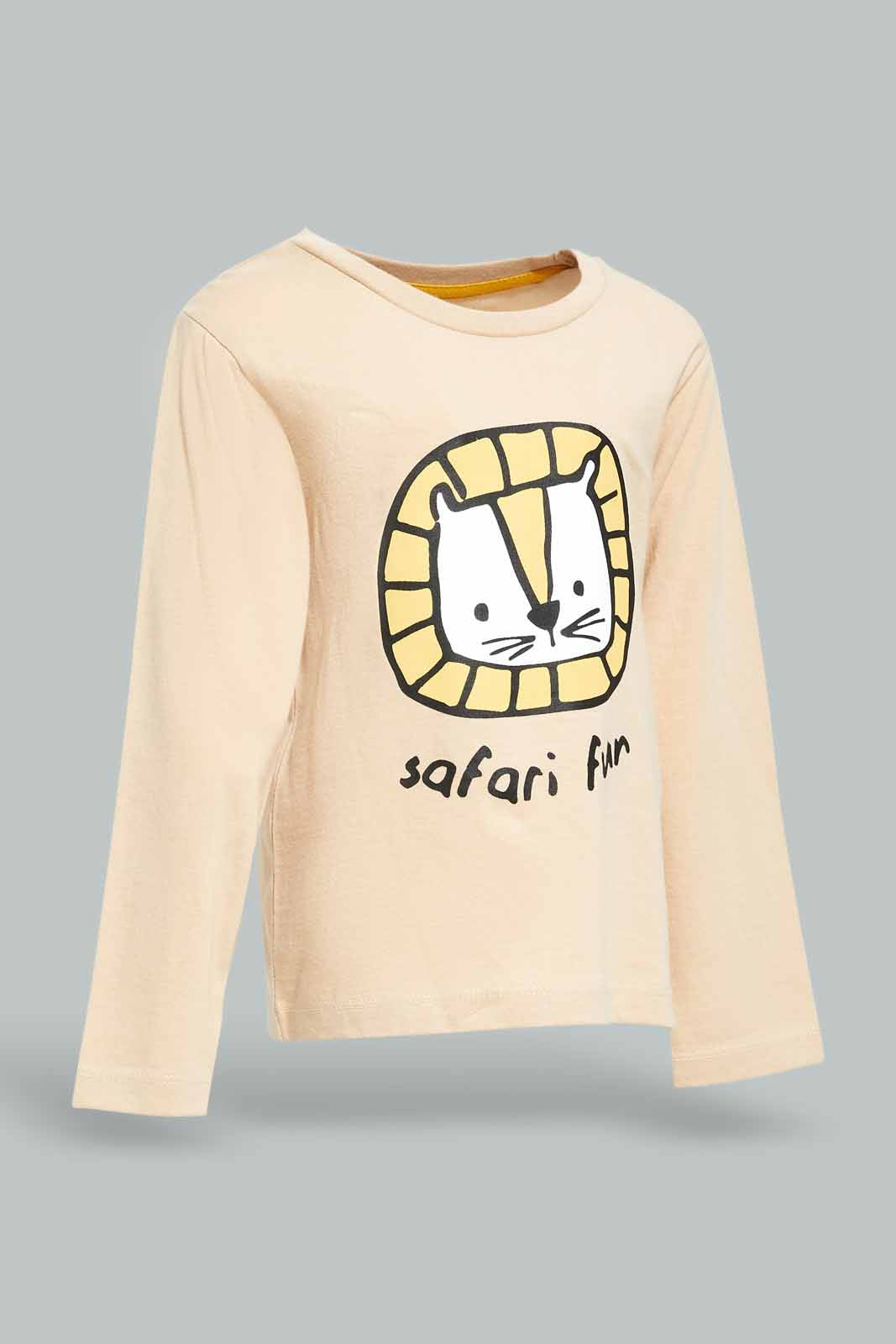 Redtag-Boys-Stone-Safari-Fun-Tiger-Long-Slv-T-Shirt-Category:T-Shirts,-Colour:Beige,-Deals:New-In,-Dept:Boys,-Filter:Infant-Boys-(3-to-24-Mths),-INB-T-Shirts,-New-In-INB-APL,-Non-Sale,-S23A,-Section:Boys-(0-to-14Yrs),-TBL-Infant-Boys-3 to 24 Months