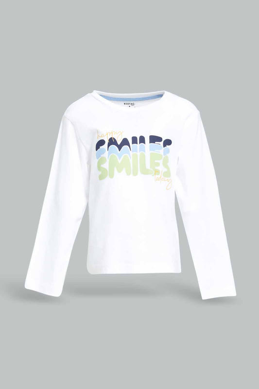 Redtag-Boys-White-Smile-Chest-Print-Ls-Tshirt-Category:T-Shirts,-Colour:White,-Deals:New-In,-Dept:Boys,-Filter:Infant-Boys-(3-to-24-Mths),-INB-T-Shirts,-New-In-INB-APL,-Non-Sale,-S23A,-Section:Boys-(0-to-14Yrs),-TBL-Infant-Boys-3 to 24 Months