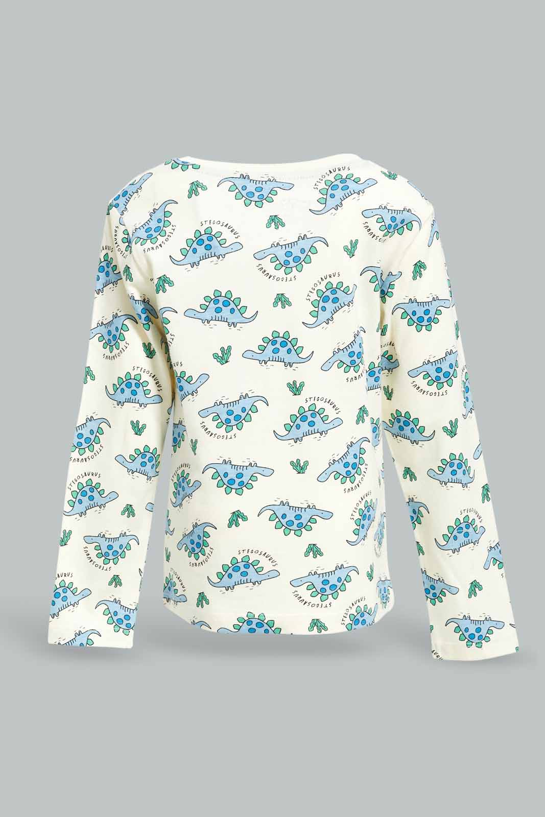Redtag-Boys-Cream-Dino-Aop-Ls-Tshirt-Category:T-Shirts,-Colour:Cream,-Deals:New-In,-Dept:Boys,-Filter:Infant-Boys-(3-to-24-Mths),-INB-T-Shirts,-New-In-INB-APL,-Non-Sale,-S23A,-Section:Boys-(0-to-14Yrs),-TBL-Infant-Boys-3 to 24 Months