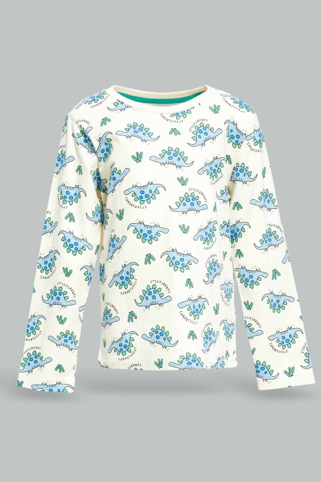 Redtag-Boys-Cream-Dino-Aop-Ls-Tshirt-Category:T-Shirts,-Colour:Cream,-Deals:New-In,-Dept:Boys,-Filter:Infant-Boys-(3-to-24-Mths),-INB-T-Shirts,-New-In-INB-APL,-Non-Sale,-S23A,-Section:Boys-(0-to-14Yrs),-TBL-Infant-Boys-3 to 24 Months