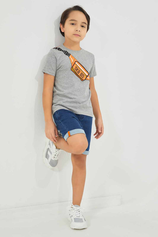 Redtag-Boys-Grey-Pouch-Bag-Print-T-Shirt-With-Kint-Denim-BOY-Sets,-Category:Sets,-Colour:Grey,-Deals:New-In,-Dept:Boys,-Filter:Boys-(2-to-8-Yrs),-New-In-BOY-APL,-Non-Sale,-S23A,-Section:Boys-(0-to-14Yrs)-Boys-2 to 8 Years