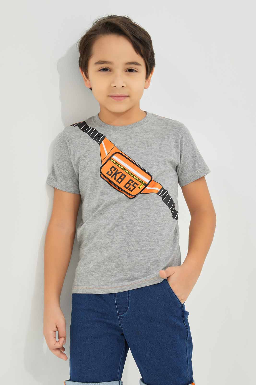 Redtag-Boys-Grey-Pouch-Bag-Print-T-Shirt-With-Kint-Denim-BOY-Sets,-Category:Sets,-Colour:Grey,-Deals:New-In,-Dept:Boys,-Filter:Boys-(2-to-8-Yrs),-New-In-BOY-APL,-Non-Sale,-S23A,-Section:Boys-(0-to-14Yrs)-Boys-2 to 8 Years