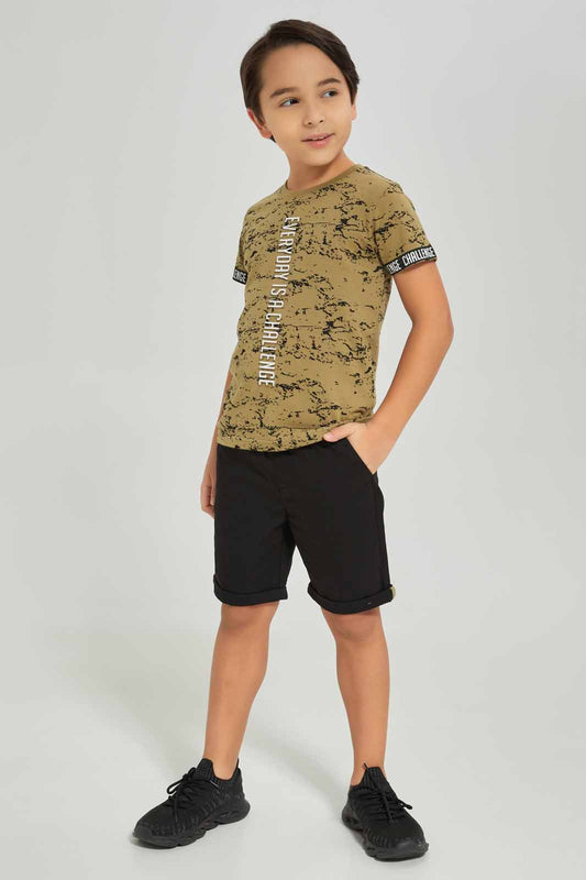 Redtag-Boys-Olive-Aop-Embossed-Print-T-Shirt-With-Woven-Shorts-BOY-Sets,-Category:Sets,-Colour:Olive,-Deals:New-In,-Dept:Boys,-Filter:Boys-(2-to-8-Yrs),-New-In-BOY-APL,-Non-Sale,-S23A,-Section:Boys-(0-to-14Yrs)-Boys-2 to 8 Years
