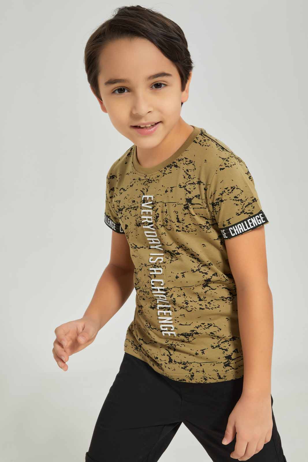 Redtag-Boys-Olive-Aop-Embossed-Print-T-Shirt-With-Woven-Shorts-BOY-Sets,-Category:Sets,-Colour:Olive,-Deals:New-In,-Dept:Boys,-Filter:Boys-(2-to-8-Yrs),-New-In-BOY-APL,-Non-Sale,-S23A,-Section:Boys-(0-to-14Yrs)-Boys-2 to 8 Years