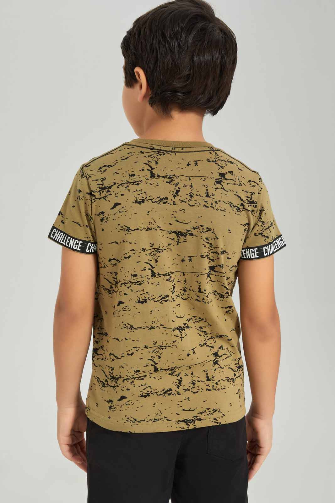Redtag-Boys-Olive-Aop-Embossed-Print-T-Shirt-With-Woven-Shorts-BOY-Sets,-Category:Sets,-Colour:Olive,-Deals:New-In,-Dept:Boys,-Filter:Boys-(2-to-8-Yrs),-New-In-BOY-APL,-Non-Sale,-S23A,-Section:Boys-(0-to-14Yrs)-Boys-2 to 8 Years