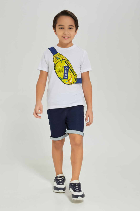 Redtag-Boys-White-Dino-Pouch-Bag-Print-T-Shirt-With-Knit-Denim-Shorts-BOY-Sets,-Category:Sets,-Colour:White,-Deals:New-In,-Dept:Boys,-Filter:Boys-(2-to-8-Yrs),-New-In-BOY-APL,-Non-Sale,-S23A,-Section:Boys-(0-to-14Yrs)-Boys-2 to 8 Years