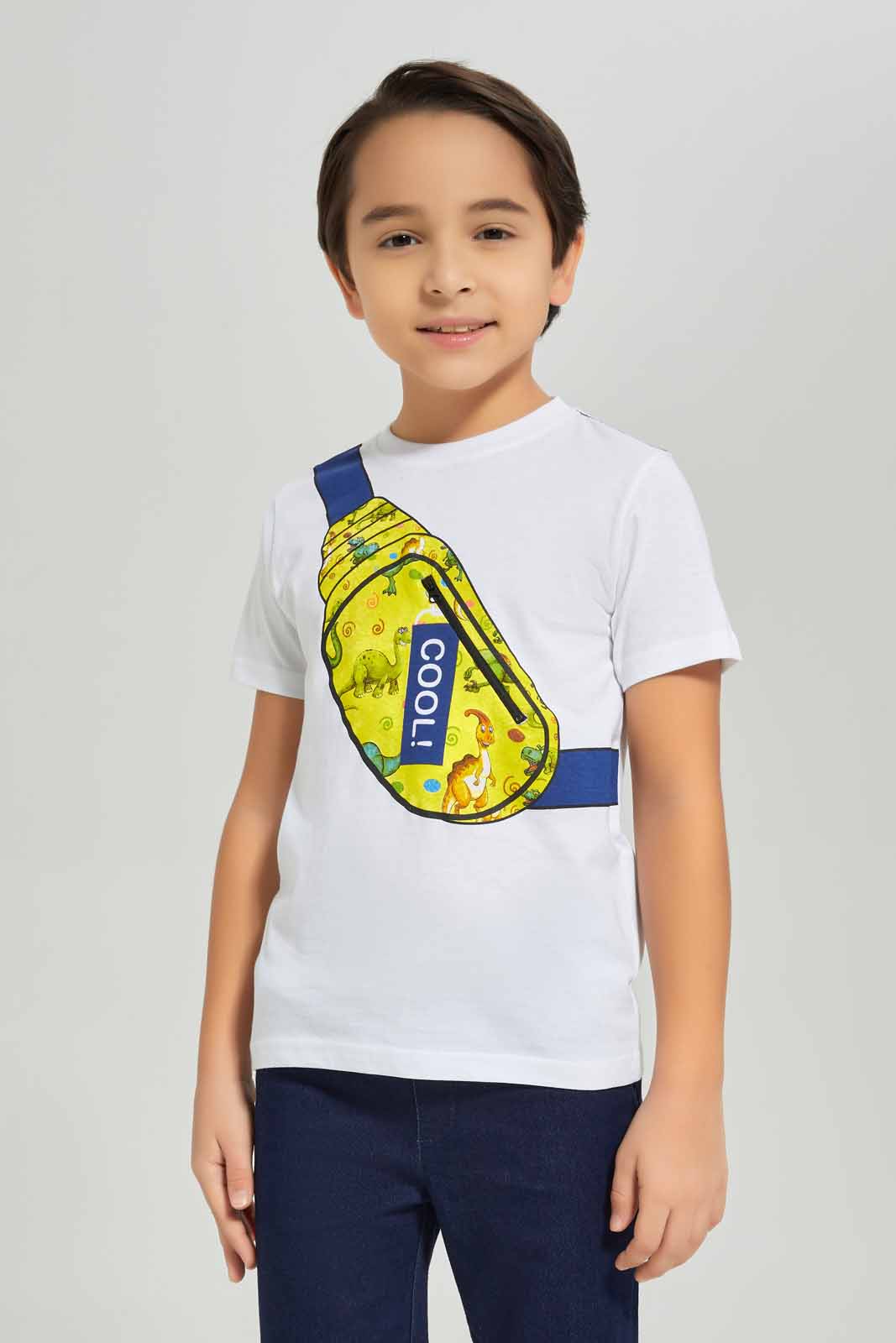 Redtag-Boys-White-Dino-Pouch-Bag-Print-T-Shirt-With-Knit-Denim-Shorts-BOY-Sets,-Category:Sets,-Colour:White,-Deals:New-In,-Dept:Boys,-Filter:Boys-(2-to-8-Yrs),-New-In-BOY-APL,-Non-Sale,-S23A,-Section:Boys-(0-to-14Yrs)-Boys-2 to 8 Years