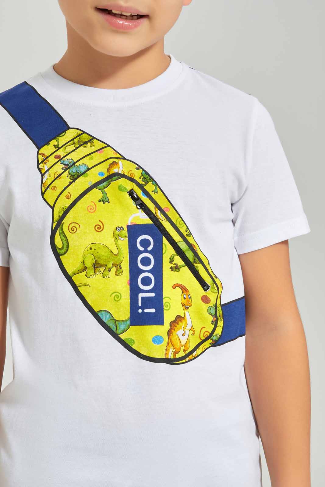 Redtag-Boys-White-Dino-Pouch-Bag-Print-T-Shirt-With-Knit-Denim-Shorts-BOY-Sets,-Category:Sets,-Colour:White,-Deals:New-In,-Dept:Boys,-Filter:Boys-(2-to-8-Yrs),-New-In-BOY-APL,-Non-Sale,-S23A,-Section:Boys-(0-to-14Yrs)-Boys-2 to 8 Years