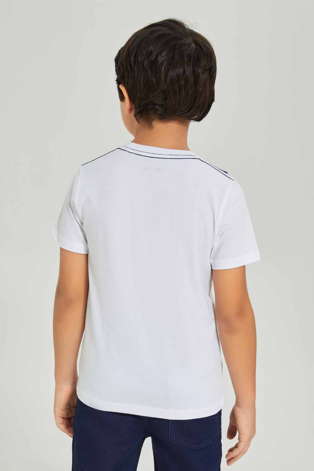 Redtag-Boys-White-Dino-Pouch-Bag-Print-T-Shirt-With-Knit-Denim-Shorts-BOY-Sets,-Category:Sets,-Colour:White,-Deals:New-In,-Dept:Boys,-Filter:Boys-(2-to-8-Yrs),-New-In-BOY-APL,-Non-Sale,-S23A,-Section:Boys-(0-to-14Yrs)-Boys-2 to 8 Years