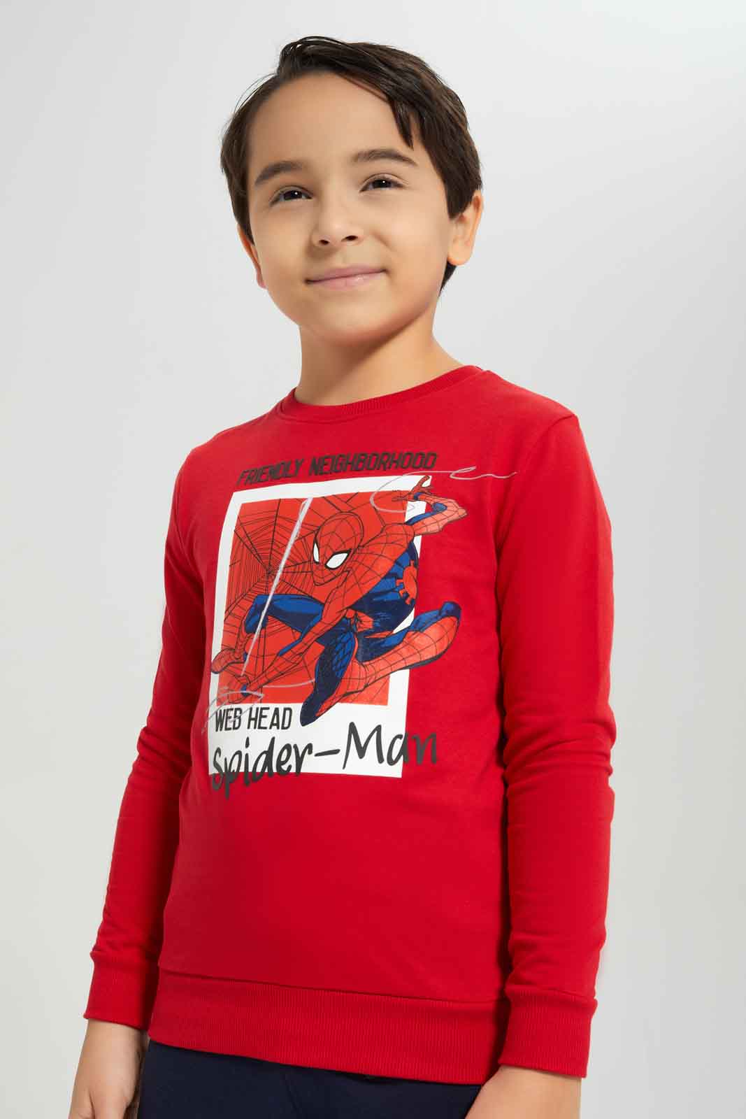 Redtag-Boys-Red-Spiderman-Crew-Neck-Sweatshirt-BOY-Sweatshirts,-Category:Sweatshirts,-CHA,-Colour:Red,-Deals:New-In,-Dept:Boys,-Filter:Boys-(2-to-8-Yrs),-New-In-BOY-APL,-Non-Sale,-S23A,-Section:Boys-(0-to-14Yrs)-Boys-2 to 8 Years