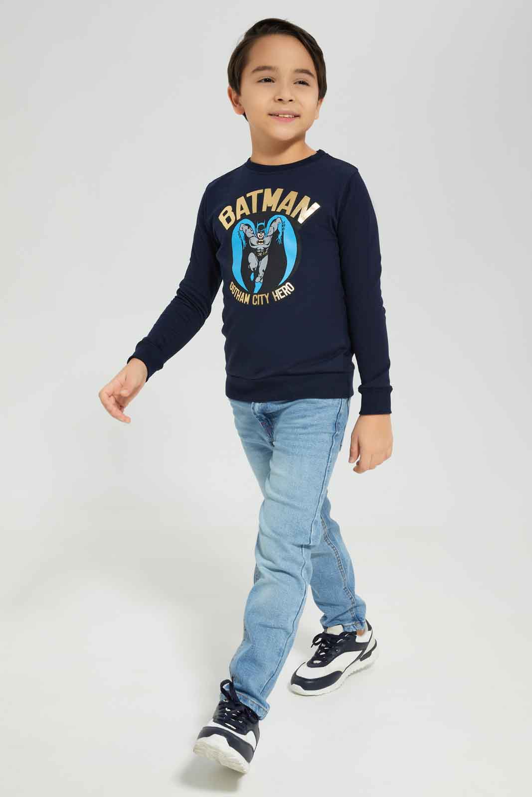 Redtag-Boys-Blue-Batman-Crew-Neck-Sweatshirt-BOY-Sweatshirts,-Category:Sweatshirts,-CHA,-Colour:Blue,-Deals:New-In,-Dept:Boys,-Filter:Boys-(2-to-8-Yrs),-New-In-BOY-APL,-Non-Sale,-S23A,-Section:Boys-(0-to-14Yrs)-Boys-2 to 8 Years