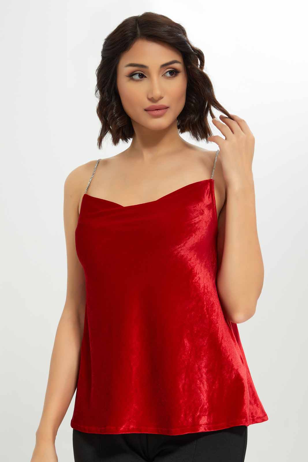 Redtag-Women-Diamante-Strap-Velour-Cami-Category:Tops,-Colour:Red,-Deals:New-In,-Dept:Ladieswear,-FF,-Filter:Women's-Clothing,-New-In-Women-APL,-Non-Sale,-S23A,-Section:Women,-Women-Tops-Women's-