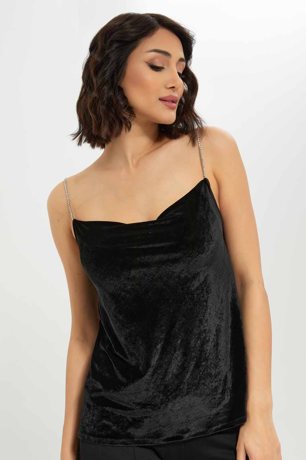 Redtag-Women-Diamante-Strap-Velour-Cami-Category:Tops,-Colour:Black,-Deals:New-In,-Dept:Ladieswear,-FF,-Filter:Women's-Clothing,-New-In-Women-APL,-Non-Sale,-S23A,-Section:Women,-Women-Tops-Women's-