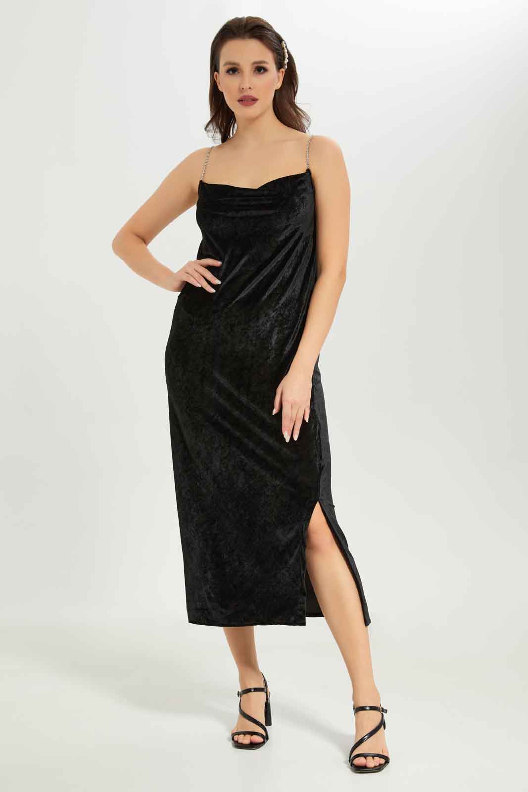 Redtag-Women-Diamante-Strap-Velour-Dress-Category:Dresses,-Colour:Black,-Deals:New-In,-Dept:Ladieswear,-FF,-Filter:Women's-Clothing,-New-In-Women-APL,-Non-Sale,-S23A,-Section:Women,-Women-Dresses-Women's-