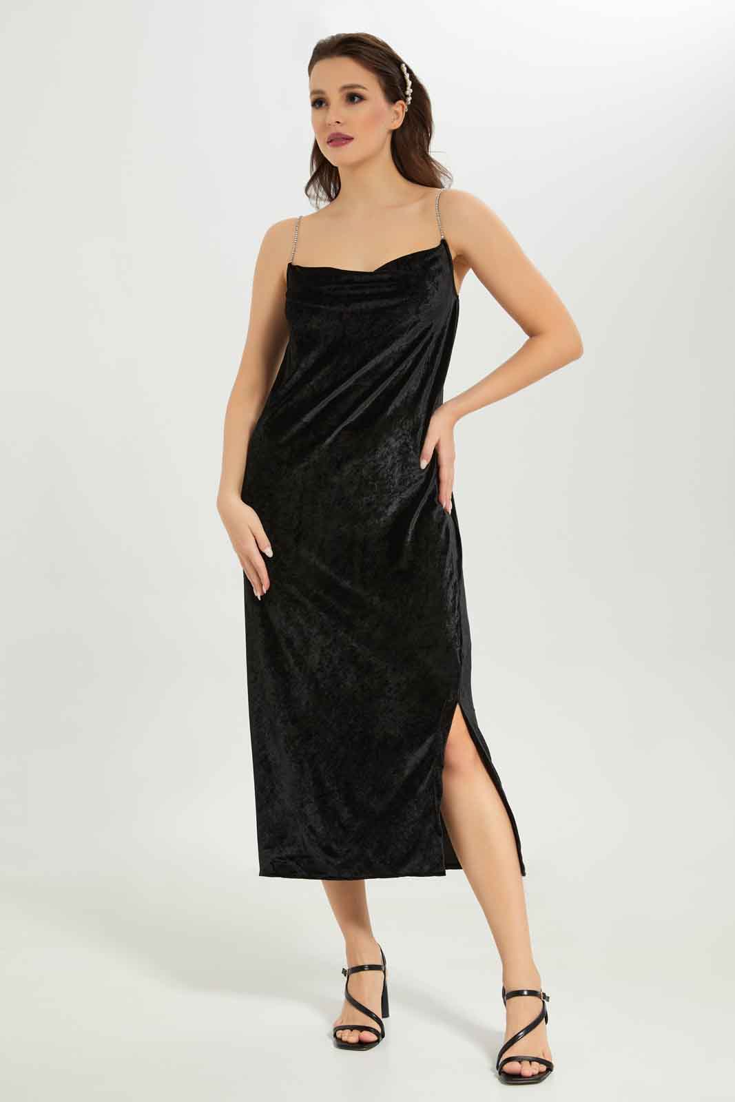 Redtag-Women-Diamante-Strap-Velour-Dress-Category:Dresses,-Colour:Black,-Deals:New-In,-Dept:Ladieswear,-FF,-Filter:Women's-Clothing,-New-In-Women-APL,-Non-Sale,-S23A,-Section:Women,-Women-Dresses-Women's-
