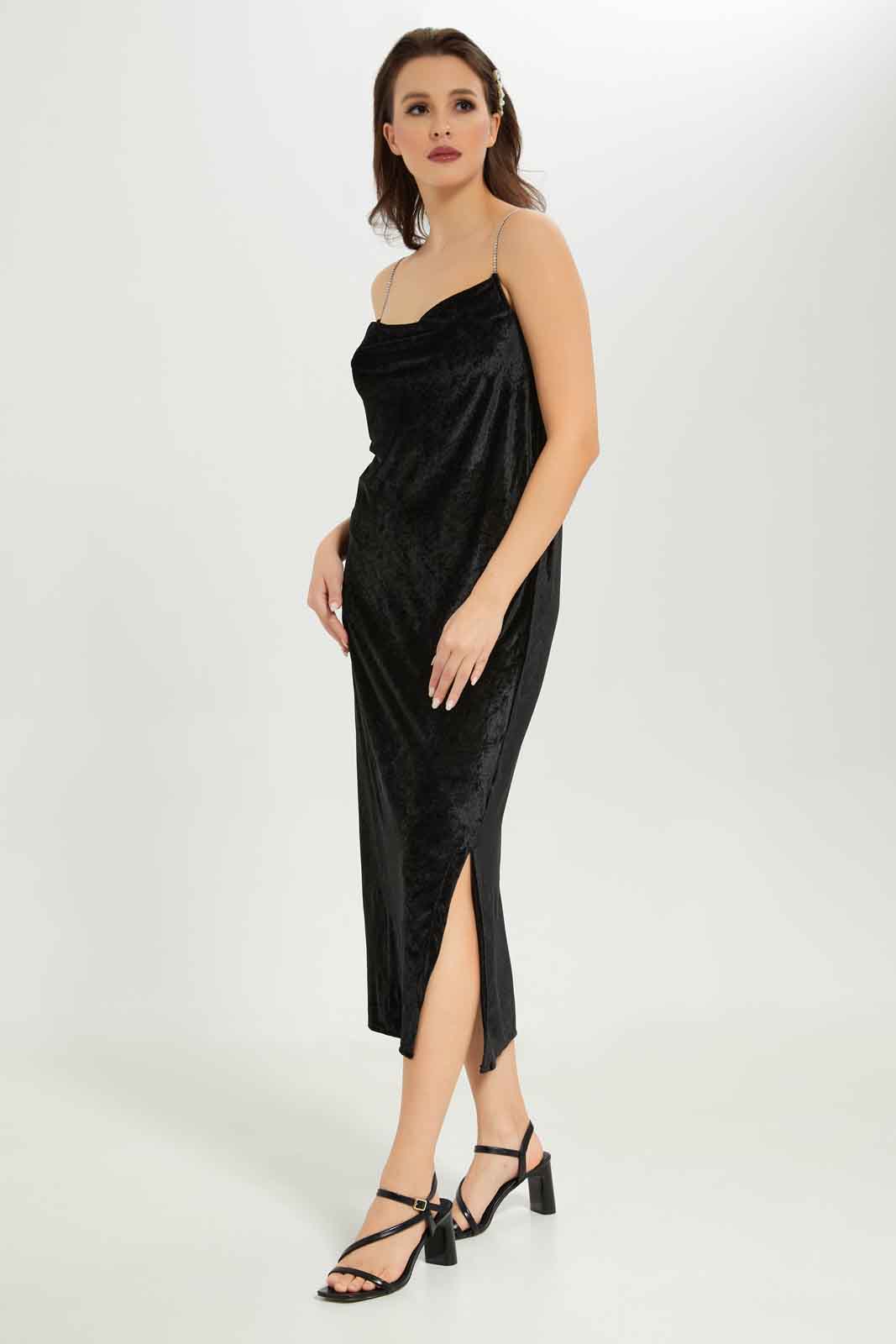 Redtag-Women-Diamante-Strap-Velour-Dress-Category:Dresses,-Colour:Black,-Deals:New-In,-Dept:Ladieswear,-FF,-Filter:Women's-Clothing,-New-In-Women-APL,-Non-Sale,-S23A,-Section:Women,-Women-Dresses-Women's-
