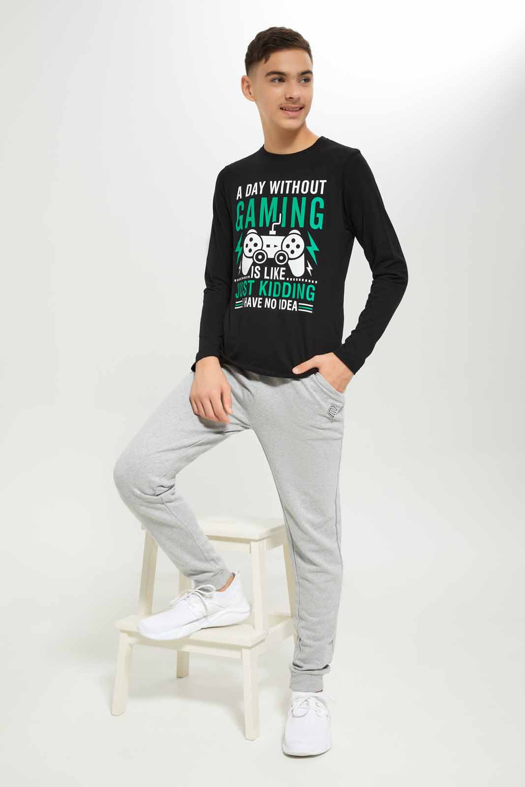 Redtag-Boys-Black-A-Day-Without-Gaming-Long-Sleeve-Graphic-Tee-BSR-T-Shirts,-Category:T-Shirts,-Colour:Black,-Deals:New-In,-Dept:Boys,-Filter:Senior-Boys-(8-to-14-Yrs),-New-In-BSR-APL,-Non-Sale,-S23A,-Section:Boys-(0-to-14Yrs),-TBL-Senior-Boys-9 to 14 Years