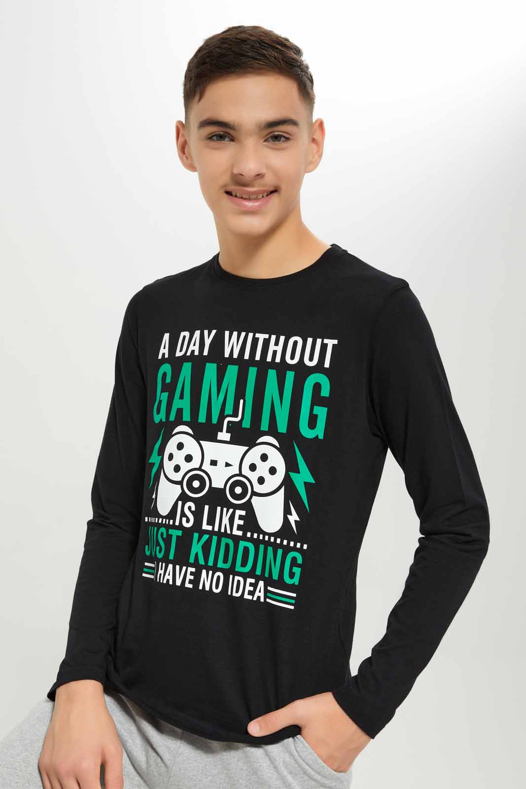 Redtag-Boys-Black-A-Day-Without-Gaming-Long-Sleeve-Graphic-Tee-BSR-T-Shirts,-Category:T-Shirts,-Colour:Black,-Deals:New-In,-Dept:Boys,-Filter:Senior-Boys-(8-to-14-Yrs),-New-In-BSR-APL,-Non-Sale,-S23A,-Section:Boys-(0-to-14Yrs),-TBL-Senior-Boys-9 to 14 Years