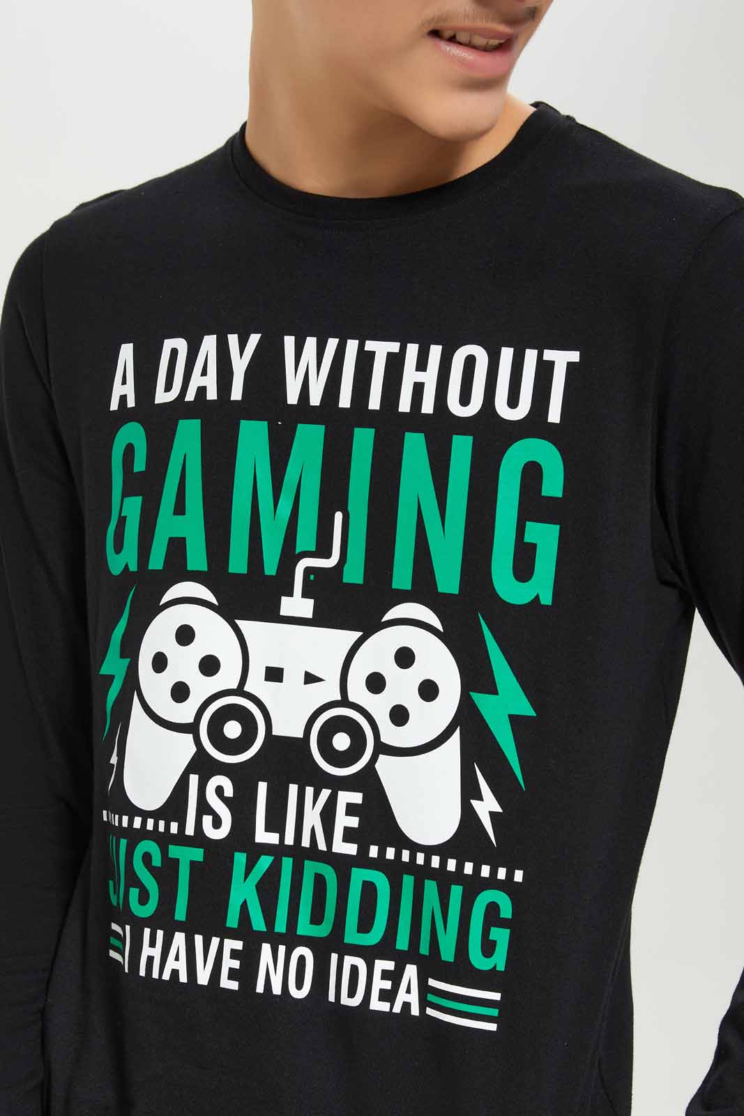 Redtag-Boys-Black-A-Day-Without-Gaming-Long-Sleeve-Graphic-Tee-BSR-T-Shirts,-Category:T-Shirts,-Colour:Black,-Deals:New-In,-Dept:Boys,-Filter:Senior-Boys-(8-to-14-Yrs),-New-In-BSR-APL,-Non-Sale,-S23A,-Section:Boys-(0-to-14Yrs),-TBL-Senior-Boys-9 to 14 Years