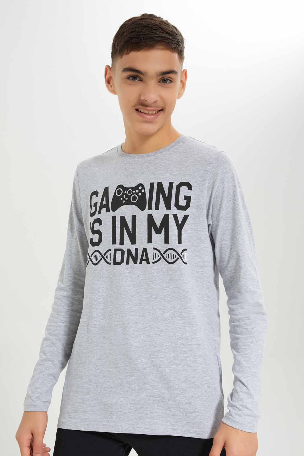 Redtag-Boys-Grey-Mel-Gaming-Dna-Long-Sleeve-Graphic-Tee-BSR-T-Shirts,-Category:T-Shirts,-Colour:Grey,-Deals:New-In,-Dept:Boys,-Filter:Senior-Boys-(8-to-14-Yrs),-New-In-BSR-APL,-Non-Sale,-S23A,-Section:Boys-(0-to-14Yrs),-TBL-Senior-Boys-9 to 14 Years