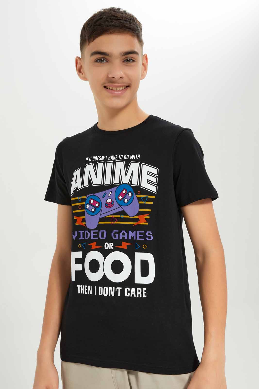 Redtag-Boys-Black-Anime-Food-And-Video-Games-Short-Sleeve-Graphic-Tee-BSR-T-Shirts,-Category:T-Shirts,-Colour:Black,-Deals:New-In,-Dept:Boys,-Filter:Senior-Boys-(8-to-14-Yrs),-New-In-BSR-APL,-Non-Sale,-S23A,-Section:Boys-(0-to-14Yrs),-TBL-Senior-Boys-9 to 14 Years