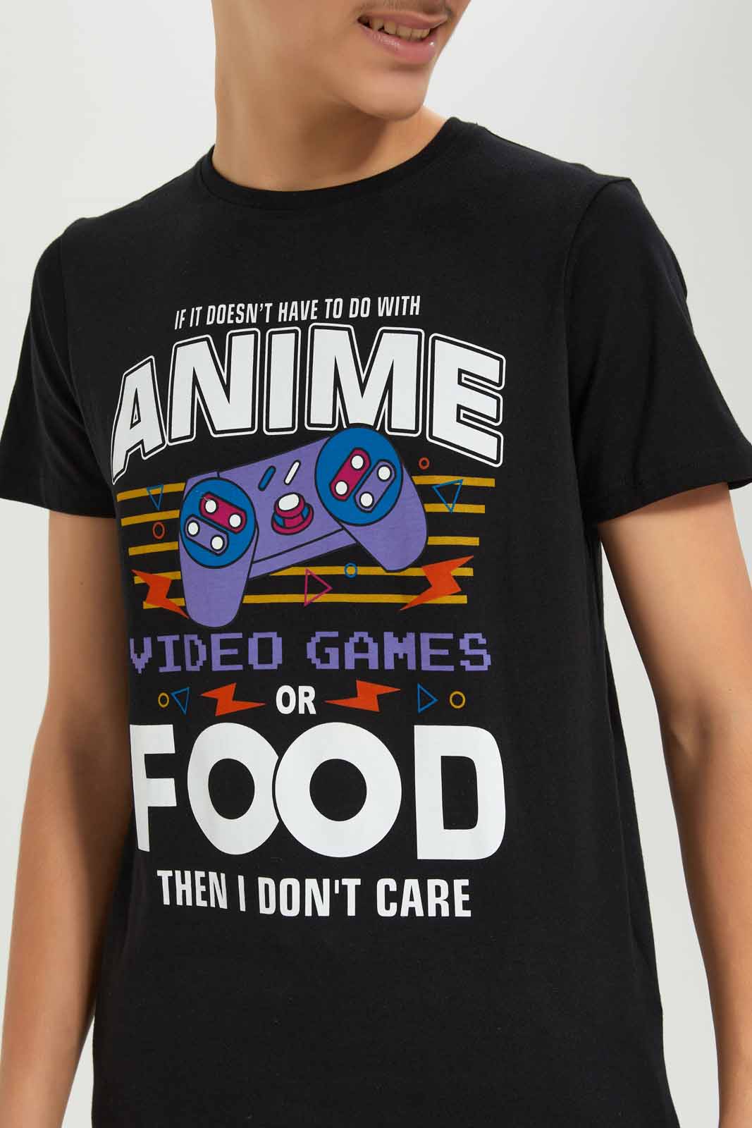 Redtag-Boys-Black-Anime-Food-And-Video-Games-Short-Sleeve-Graphic-Tee-BSR-T-Shirts,-Category:T-Shirts,-Colour:Black,-Deals:New-In,-Dept:Boys,-Filter:Senior-Boys-(8-to-14-Yrs),-New-In-BSR-APL,-Non-Sale,-S23A,-Section:Boys-(0-to-14Yrs),-TBL-Senior-Boys-9 to 14 Years