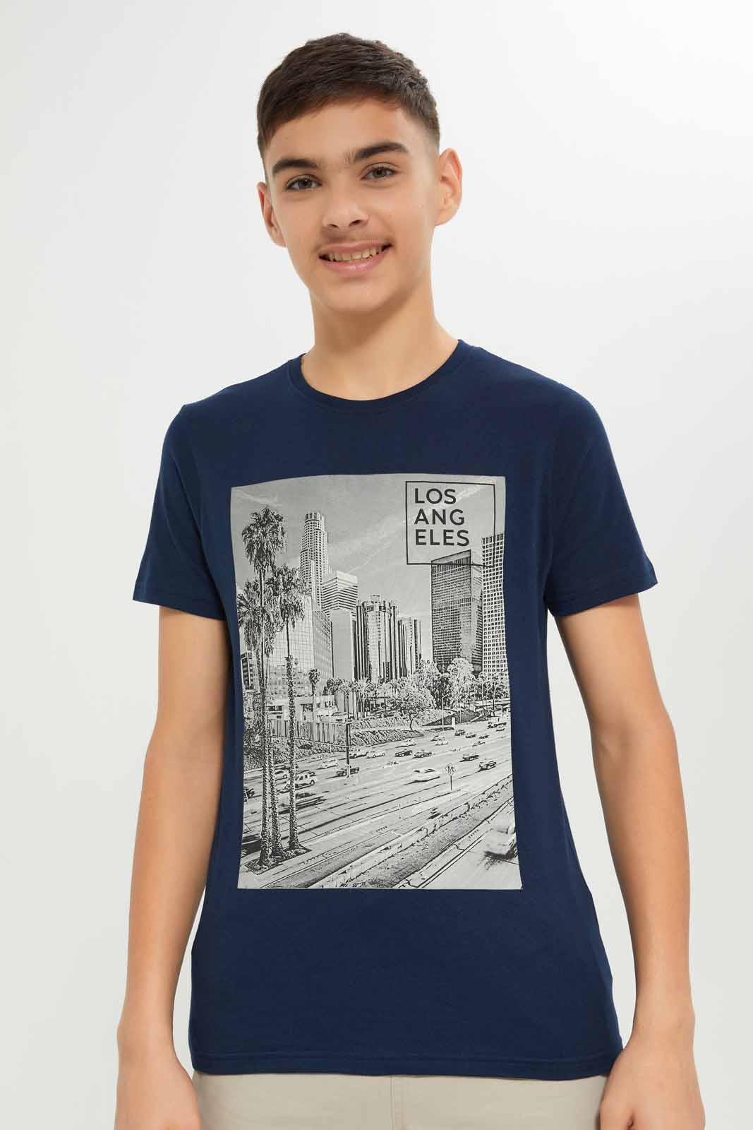 Redtag-Boys-Navy-La-Photographic-Short-Sleeve-Graphic-Tee-BSR-T-Shirts,-Category:T-Shirts,-Colour:Navy,-Deals:New-In,-Dept:Boys,-Filter:Senior-Boys-(8-to-14-Yrs),-New-In-BSR-APL,-Non-Sale,-S23A,-Section:Boys-(0-to-14Yrs),-TBL-Senior-Boys-9 to 14 Years