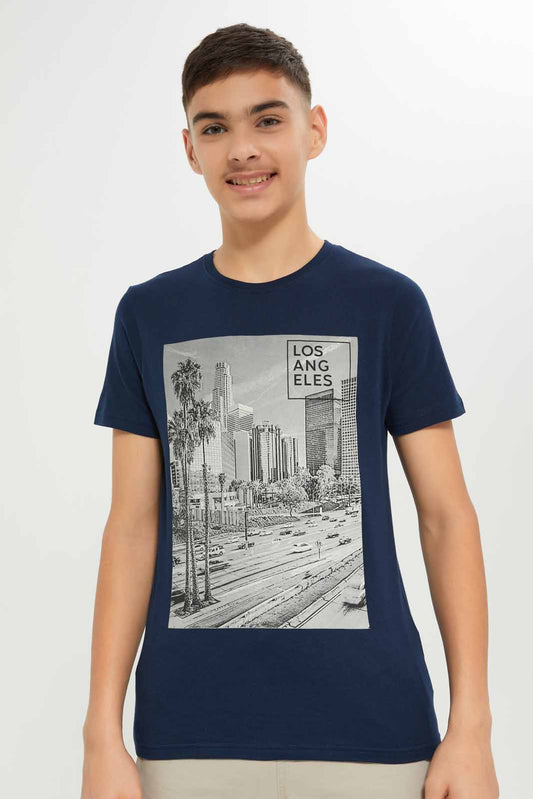 Redtag-Boys-Navy-La-Photographic-Short-Sleeve-Graphic-Tee-BSR-T-Shirts,-Category:T-Shirts,-Colour:Navy,-Deals:New-In,-Dept:Boys,-Filter:Senior-Boys-(8-to-14-Yrs),-New-In-BSR-APL,-Non-Sale,-S23A,-Section:Boys-(0-to-14Yrs),-TBL-Senior-Boys-9 to 14 Years