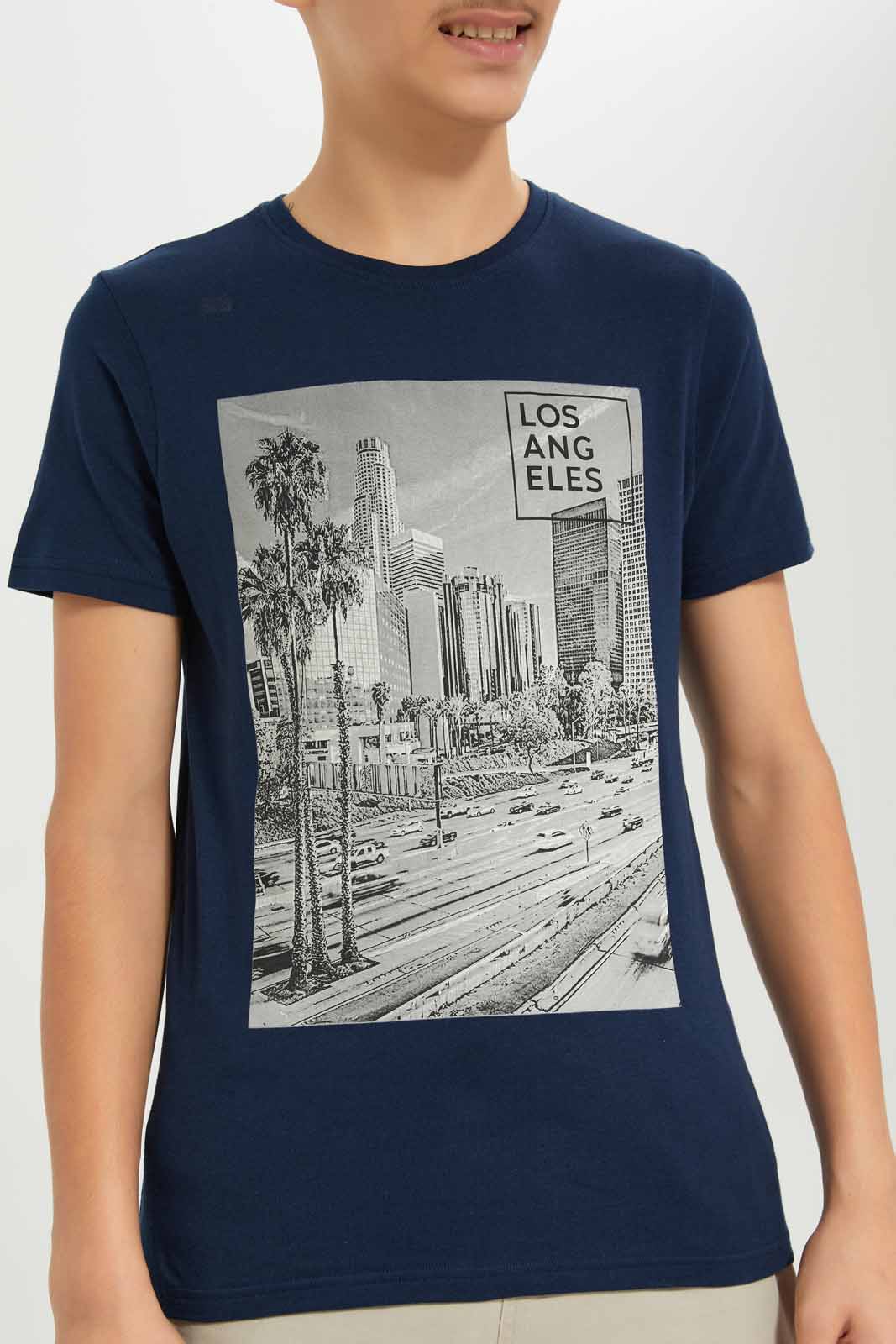 Redtag-Boys-Navy-La-Photographic-Short-Sleeve-Graphic-Tee-BSR-T-Shirts,-Category:T-Shirts,-Colour:Navy,-Deals:New-In,-Dept:Boys,-Filter:Senior-Boys-(8-to-14-Yrs),-New-In-BSR-APL,-Non-Sale,-S23A,-Section:Boys-(0-to-14Yrs),-TBL-Senior-Boys-9 to 14 Years