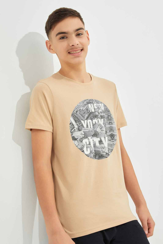 Redtag-Boys-Beige-New-York-City-Short-Sleeve-Graphic-Tee-BSR-T-Shirts,-Category:T-Shirts,-Colour:Beige,-Deals:New-In,-Dept:Boys,-Filter:Senior-Boys-(8-to-14-Yrs),-New-In-BSR-APL,-Non-Sale,-S23A,-Section:Boys-(0-to-14Yrs),-TBL-Senior-Boys-9 to 14 Years