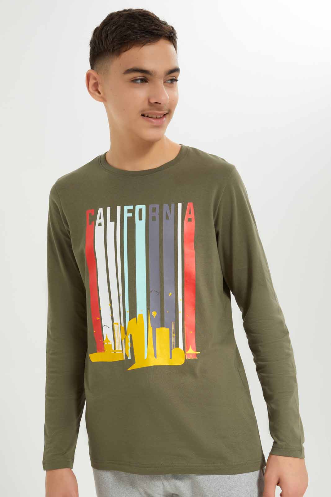 Redtag-Boys-Olive-California-Long-Sleeve-Graphic-Tee-BSR-T-Shirts,-Category:T-Shirts,-Colour:Olive,-Deals:New-In,-Dept:Boys,-Filter:Senior-Boys-(8-to-14-Yrs),-New-In-BSR-APL,-Non-Sale,-S23A,-Section:Boys-(0-to-14Yrs),-TBL-Senior-Boys-9 to 14 Years