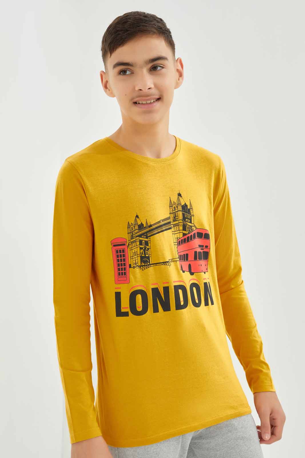 Redtag-Boys-Mustard-London-Bridge-Long-Sleeve-Graphic-Tee-BSR-T-Shirts,-Category:T-Shirts,-Colour:Mustard,-Deals:New-In,-Dept:Boys,-Filter:Senior-Boys-(8-to-14-Yrs),-New-In-BSR-APL,-Non-Sale,-S23A,-Section:Boys-(0-to-14Yrs),-TBL-Senior-Boys-9 to 14 Years