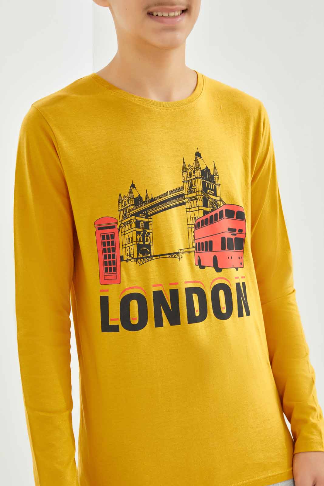 Redtag-Boys-Mustard-London-Bridge-Long-Sleeve-Graphic-Tee-BSR-T-Shirts,-Category:T-Shirts,-Colour:Mustard,-Deals:New-In,-Dept:Boys,-Filter:Senior-Boys-(8-to-14-Yrs),-New-In-BSR-APL,-Non-Sale,-S23A,-Section:Boys-(0-to-14Yrs),-TBL-Senior-Boys-9 to 14 Years