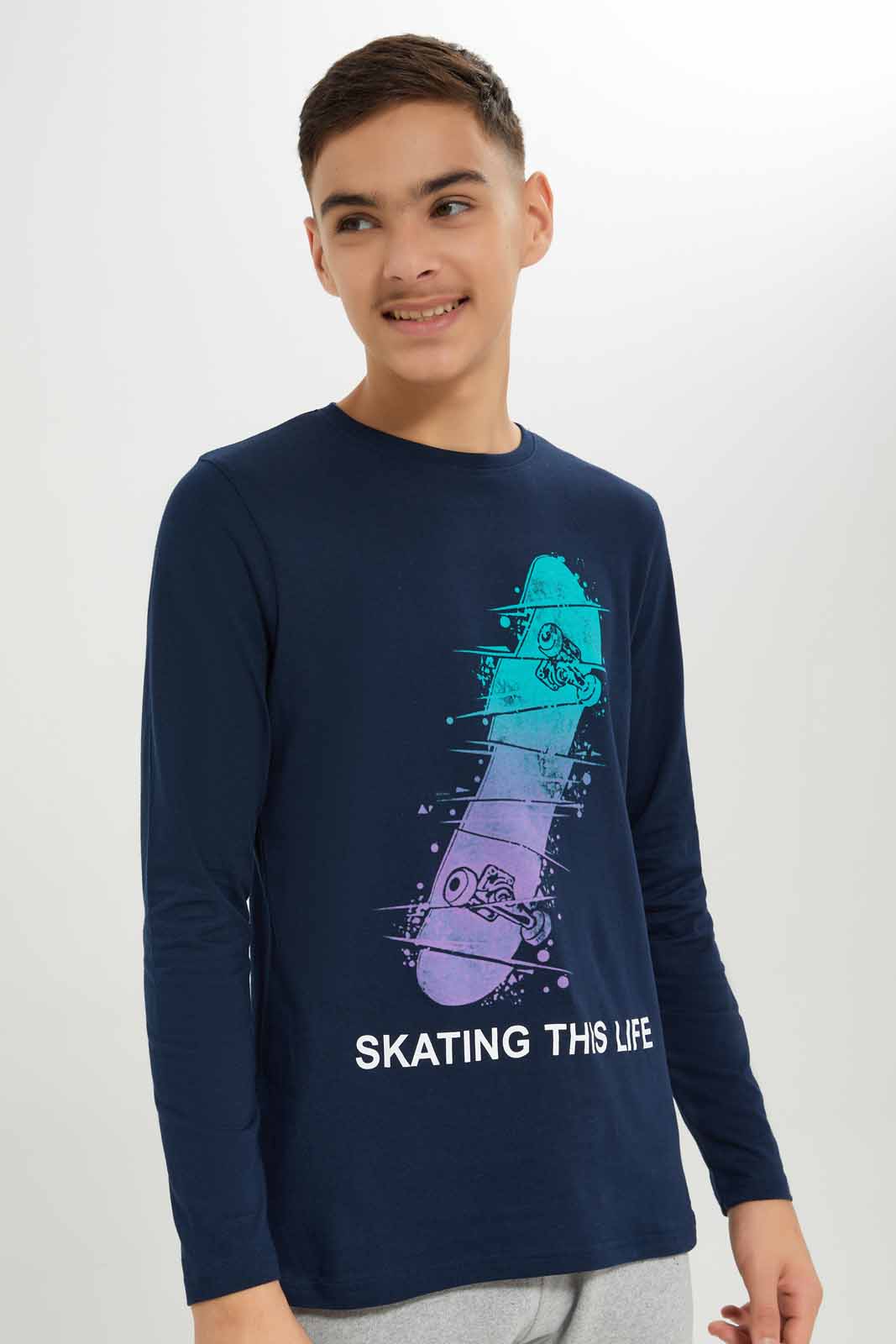 Redtag-Boys-Navy-Plain-Skate-Long-Sleeve-Graphic-Tee-BSR-T-Shirts,-Category:T-Shirts,-Colour:Navy,-Deals:New-In,-Dept:Boys,-Filter:Senior-Boys-(8-to-14-Yrs),-New-In-BSR-APL,-Non-Sale,-S23A,-Section:Boys-(0-to-14Yrs),-TBL-Senior-Boys-9 to 14 Years