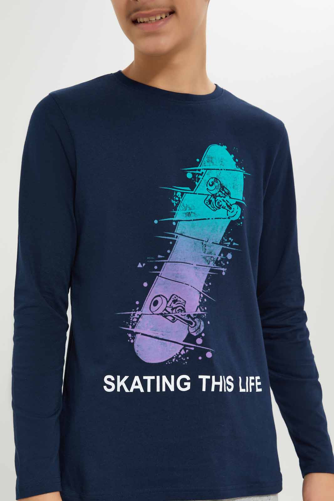 Redtag-Boys-Navy-Plain-Skate-Long-Sleeve-Graphic-Tee-BSR-T-Shirts,-Category:T-Shirts,-Colour:Navy,-Deals:New-In,-Dept:Boys,-Filter:Senior-Boys-(8-to-14-Yrs),-New-In-BSR-APL,-Non-Sale,-S23A,-Section:Boys-(0-to-14Yrs),-TBL-Senior-Boys-9 to 14 Years