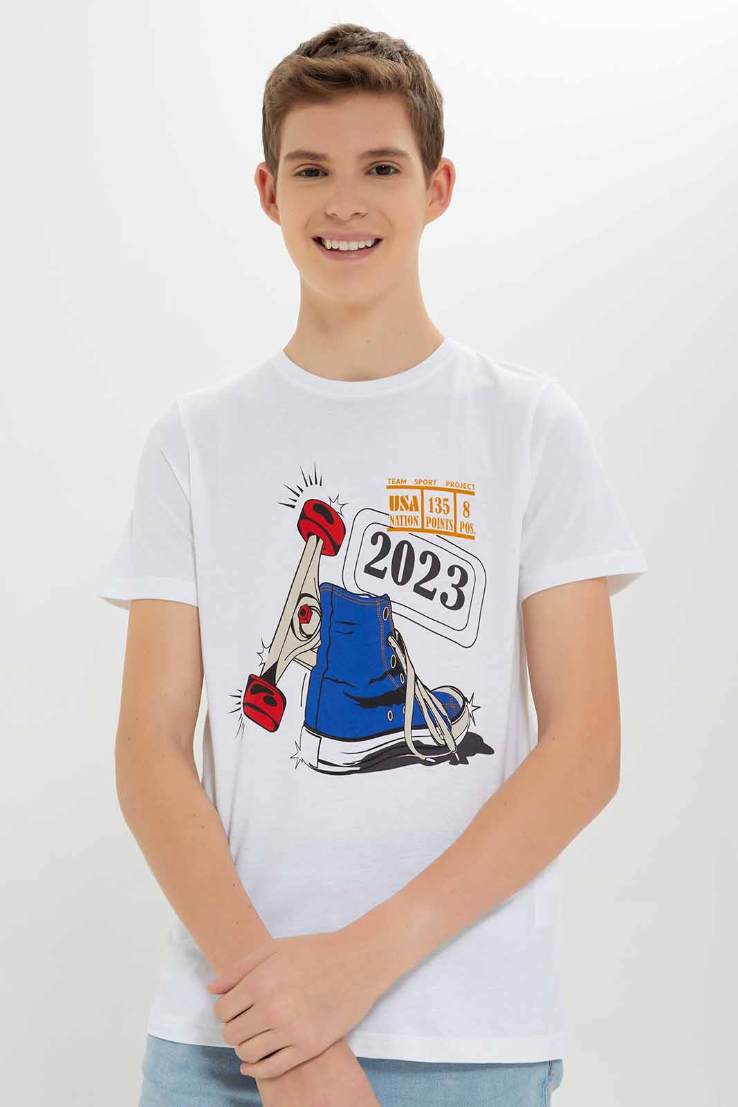 Redtag-Boys-White-2022-Shoe-Skate-Short-Sleeve-Graphic-Tee-BSR-T-Shirts,-Category:T-Shirts,-Colour:White,-Deals:New-In,-Dept:Boys,-Filter:Senior-Boys-(8-to-14-Yrs),-New-In-BSR-APL,-Non-Sale,-S23A,-Section:Boys-(0-to-14Yrs),-TBL-Senior-Boys-9 to 14 Years