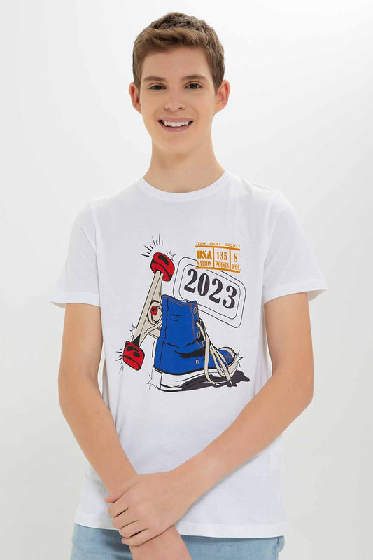 Redtag-Boys-White-2022-Shoe-Skate-Short-Sleeve-Graphic-Tee-BSR-T-Shirts,-Category:T-Shirts,-Colour:White,-Deals:New-In,-Dept:Boys,-Filter:Senior-Boys-(8-to-14-Yrs),-New-In-BSR-APL,-Non-Sale,-S23A,-Section:Boys-(0-to-14Yrs),-TBL-Senior-Boys-9 to 14 Years