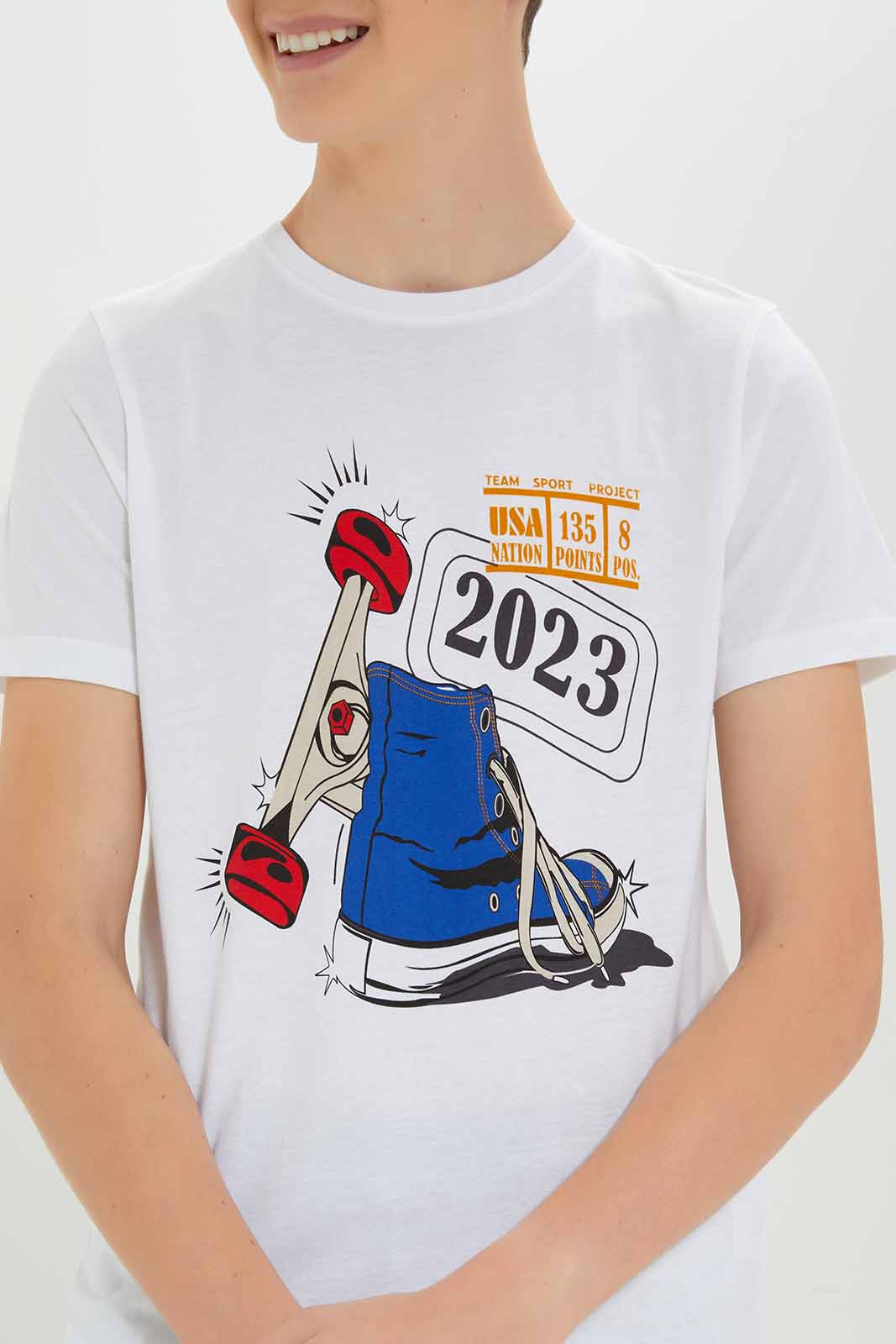 Redtag-Boys-White-2022-Shoe-Skate-Short-Sleeve-Graphic-Tee-BSR-T-Shirts,-Category:T-Shirts,-Colour:White,-Deals:New-In,-Dept:Boys,-Filter:Senior-Boys-(8-to-14-Yrs),-New-In-BSR-APL,-Non-Sale,-S23A,-Section:Boys-(0-to-14Yrs),-TBL-Senior-Boys-9 to 14 Years