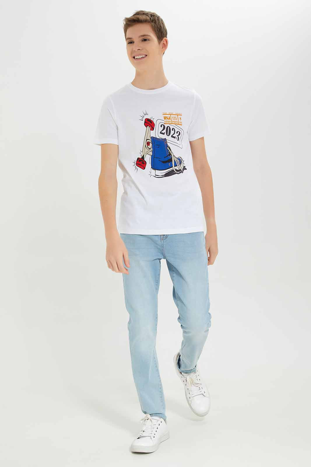Redtag-Boys-White-2022-Shoe-Skate-Short-Sleeve-Graphic-Tee-BSR-T-Shirts,-Category:T-Shirts,-Colour:White,-Deals:New-In,-Dept:Boys,-Filter:Senior-Boys-(8-to-14-Yrs),-New-In-BSR-APL,-Non-Sale,-S23A,-Section:Boys-(0-to-14Yrs),-TBL-Senior-Boys-9 to 14 Years