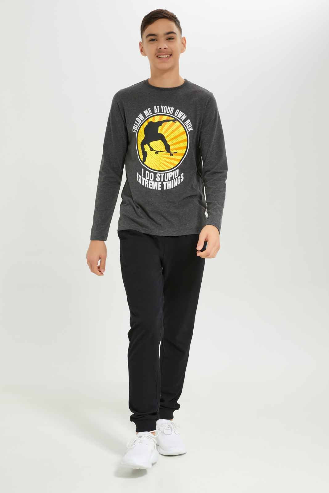 Redtag-Boys-Charcoal-Skate-At-Your-Own-Risk-Long-Sleeve-Graphic-Tee-BSR-T-Shirts,-Category:T-Shirts,-Colour:Charcoal,-Deals:New-In,-Dept:Boys,-Filter:Senior-Boys-(8-to-14-Yrs),-New-In-BSR-APL,-Non-Sale,-S23A,-Section:Boys-(0-to-14Yrs),-TBL-Senior-Boys-9 to 14 Years