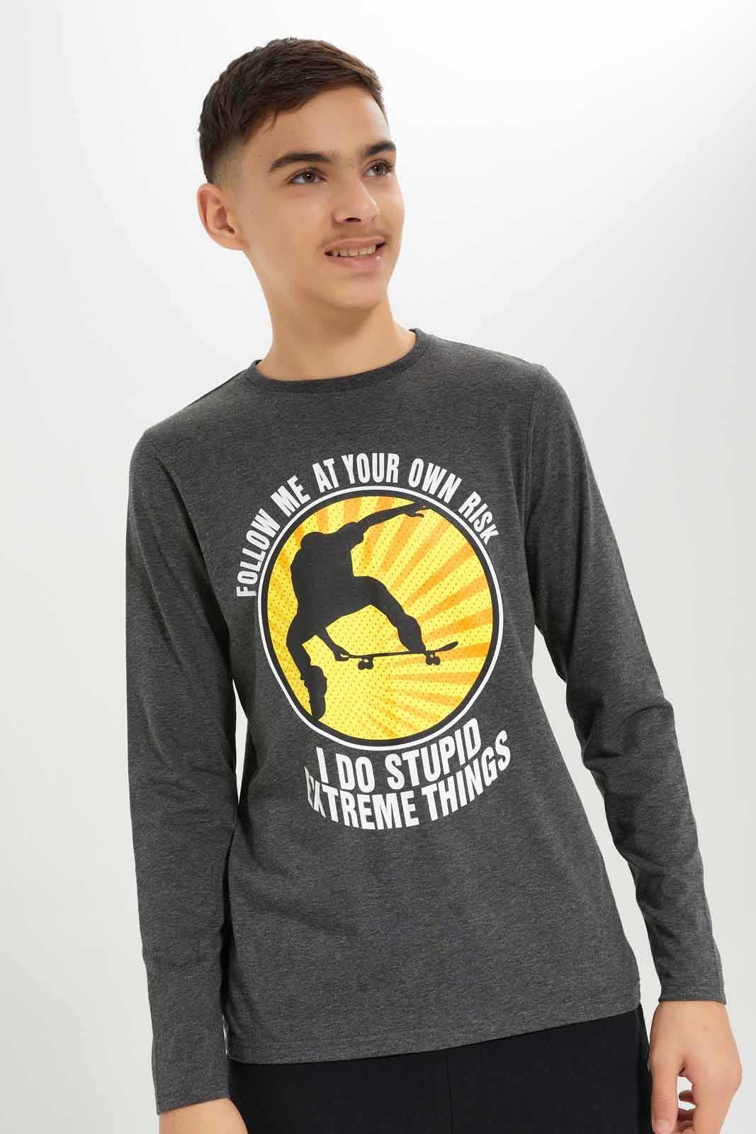 Redtag-Boys-Charcoal-Skate-At-Your-Own-Risk-Long-Sleeve-Graphic-Tee-BSR-T-Shirts,-Category:T-Shirts,-Colour:Charcoal,-Deals:New-In,-Dept:Boys,-Filter:Senior-Boys-(8-to-14-Yrs),-New-In-BSR-APL,-Non-Sale,-S23A,-Section:Boys-(0-to-14Yrs),-TBL-Senior-Boys-9 to 14 Years