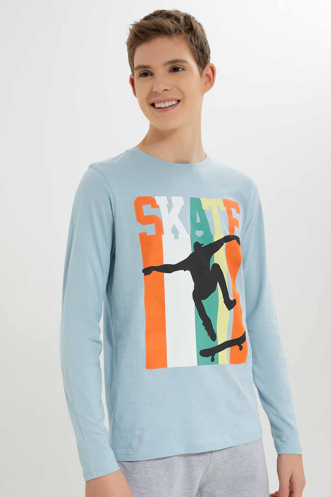 Redtag-Boys-Sky-Blue-Skate-Jump-Long-Sleeve-Graphic-Tee-BSR-T-Shirts,-Category:T-Shirts,-Colour:Sky-Blue,-Deals:New-In,-Dept:Boys,-Filter:Senior-Boys-(8-to-14-Yrs),-New-In-BSR-APL,-Non-Sale,-S23A,-Section:Boys-(0-to-14Yrs),-TBL-Senior-Boys-9 to 14 Years