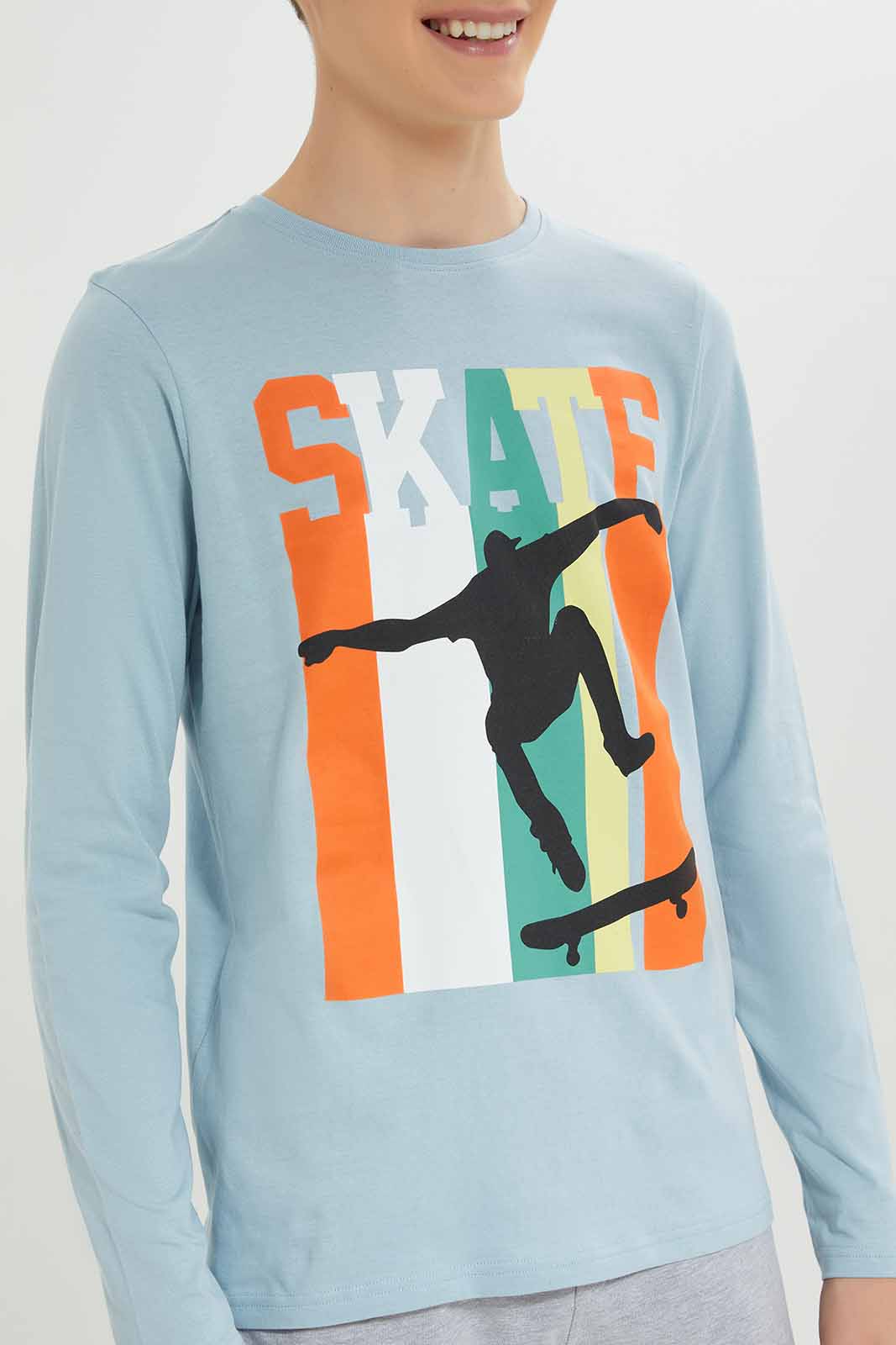 Redtag-Boys-Sky-Blue-Skate-Jump-Long-Sleeve-Graphic-Tee-BSR-T-Shirts,-Category:T-Shirts,-Colour:Sky-Blue,-Deals:New-In,-Dept:Boys,-Filter:Senior-Boys-(8-to-14-Yrs),-New-In-BSR-APL,-Non-Sale,-S23A,-Section:Boys-(0-to-14Yrs),-TBL-Senior-Boys-9 to 14 Years