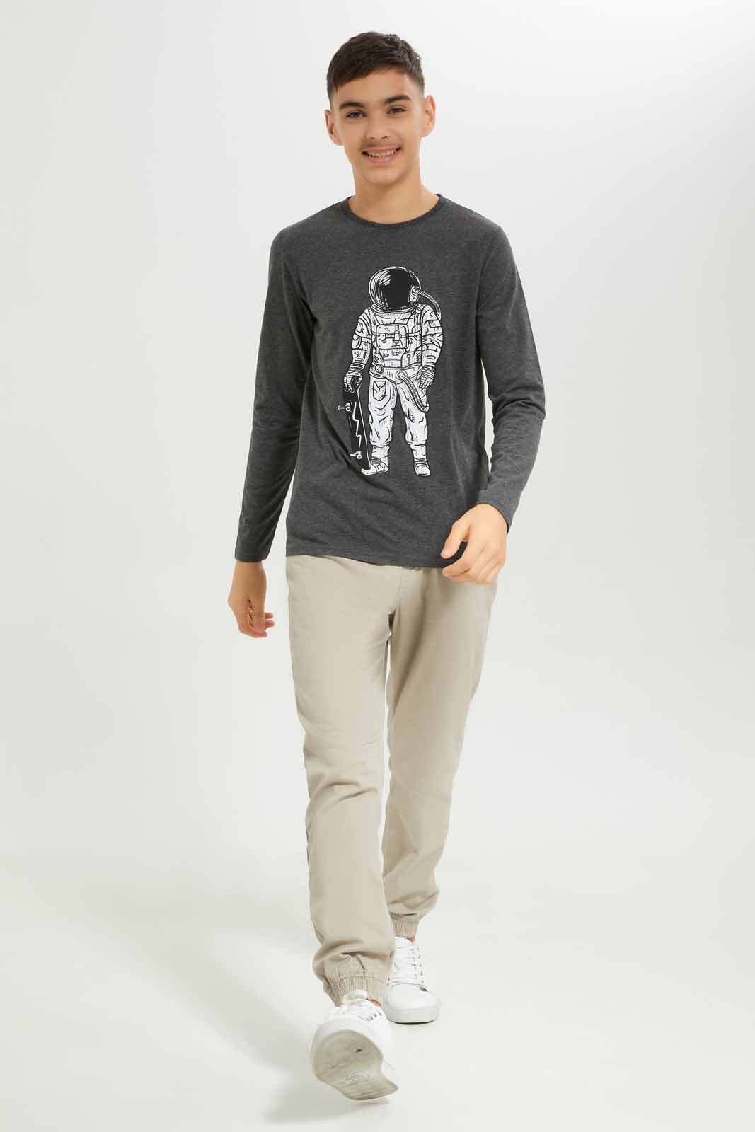 Redtag-Boys-Charcoal-Astraonaut-Long-Sleeve-Graphic-Tee-BSR-T-Shirts,-Category:T-Shirts,-Colour:Charcoal,-Deals:New-In,-Dept:Boys,-Filter:Senior-Boys-(8-to-14-Yrs),-New-In-BSR-APL,-Non-Sale,-S23A,-Section:Boys-(0-to-14Yrs),-TBL-Senior-Boys-9 to 14 Years
