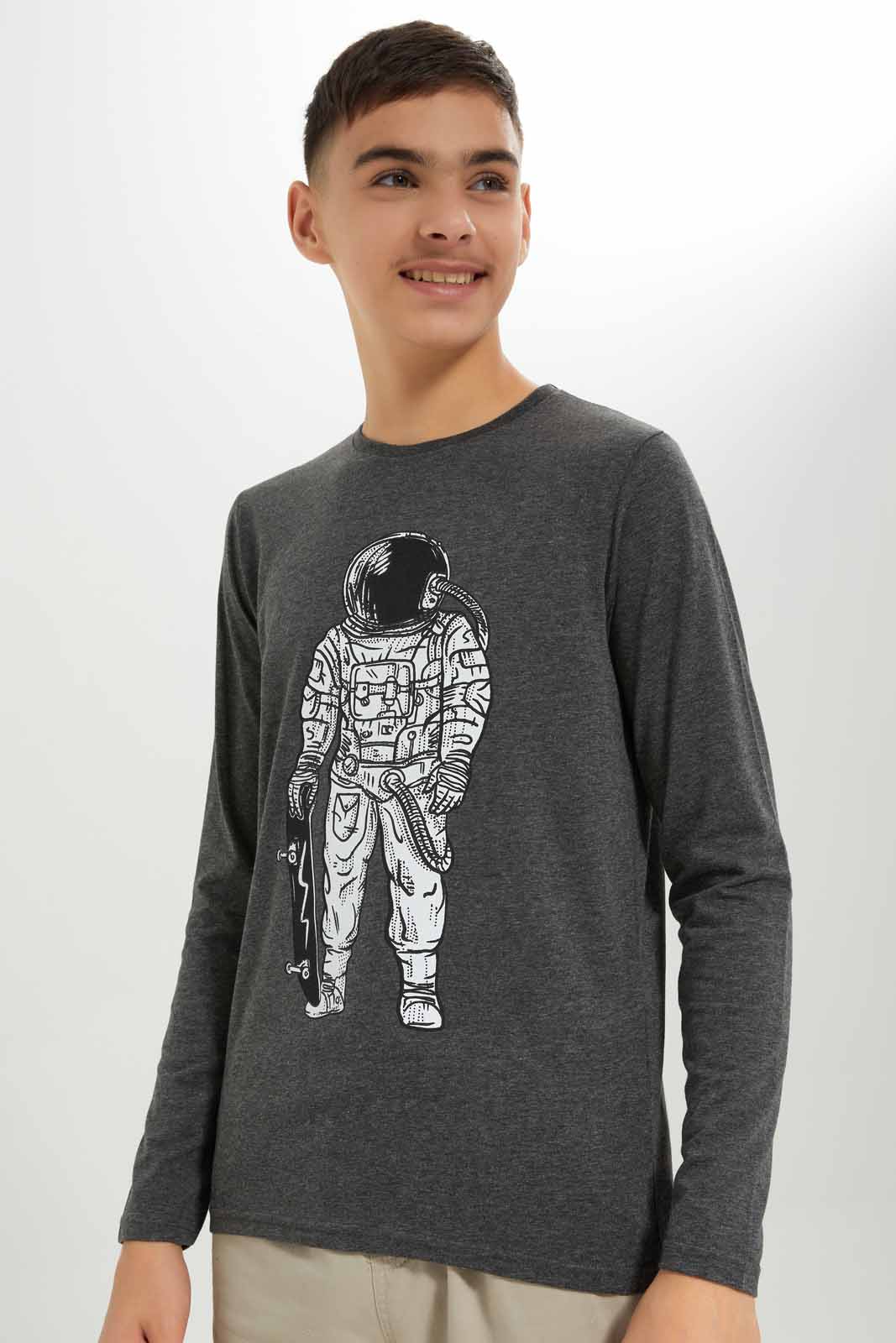 Redtag-Boys-Charcoal-Astraonaut-Long-Sleeve-Graphic-Tee-BSR-T-Shirts,-Category:T-Shirts,-Colour:Charcoal,-Deals:New-In,-Dept:Boys,-Filter:Senior-Boys-(8-to-14-Yrs),-New-In-BSR-APL,-Non-Sale,-S23A,-Section:Boys-(0-to-14Yrs),-TBL-Senior-Boys-9 to 14 Years
